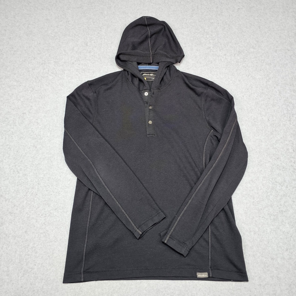 Eddie Bauer Travex Hoodie Mens M Black Active Henley Long Sleeve Wool Blend